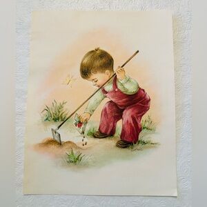 Borrie Vintage Watercolor Print Boy Planting Seeds 11x14”